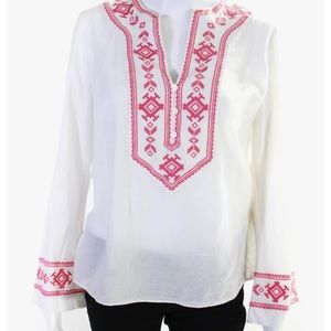 Tory By TRB Womens Embroidered Geometric Tunic Top Blouse Shirt White